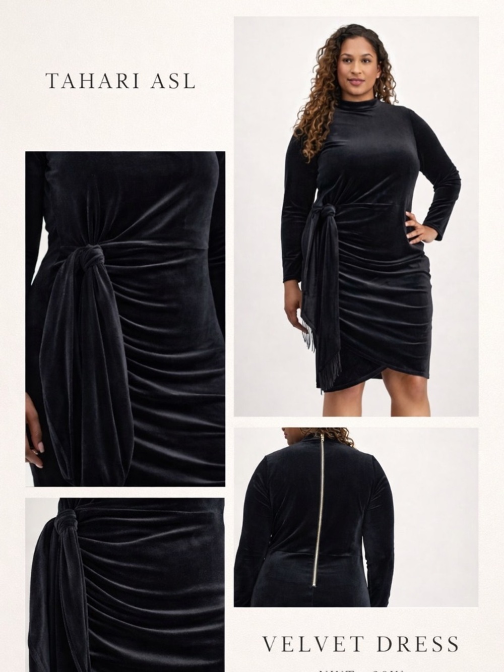 Tahari ASL Black Velvet Bodycon Dress 20W NWT Mock Neck Draped Plus Cocktail
